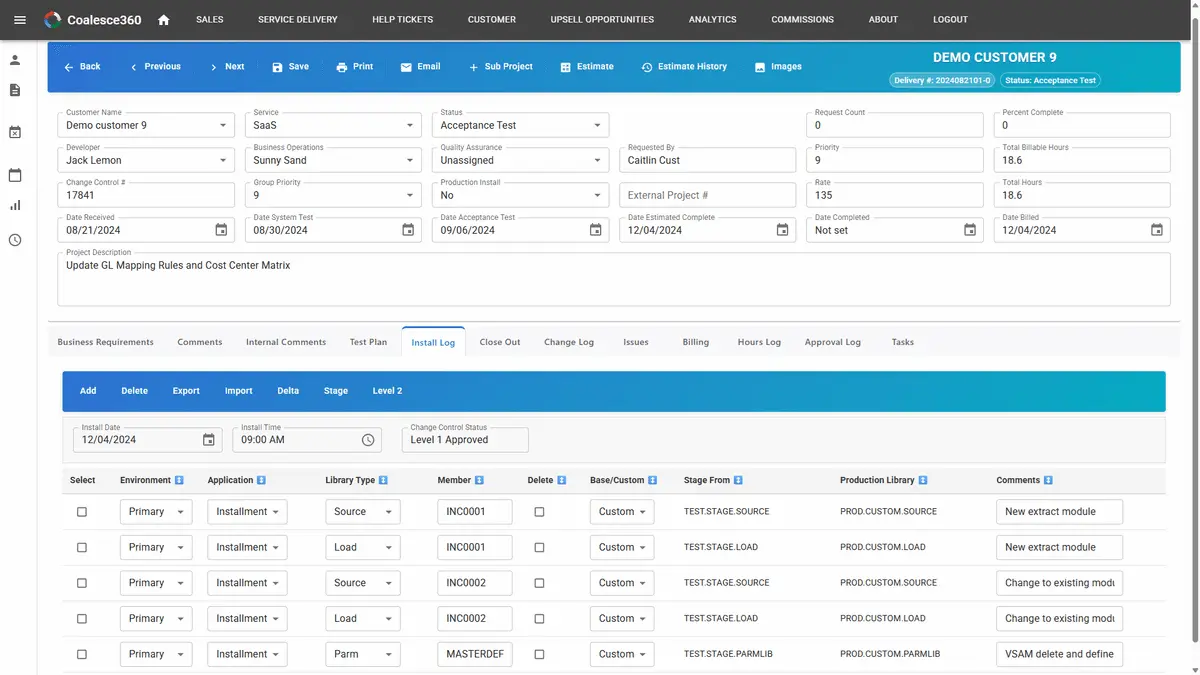 Install Log—timestamped approvals, artifacts, and scheduler handoff
