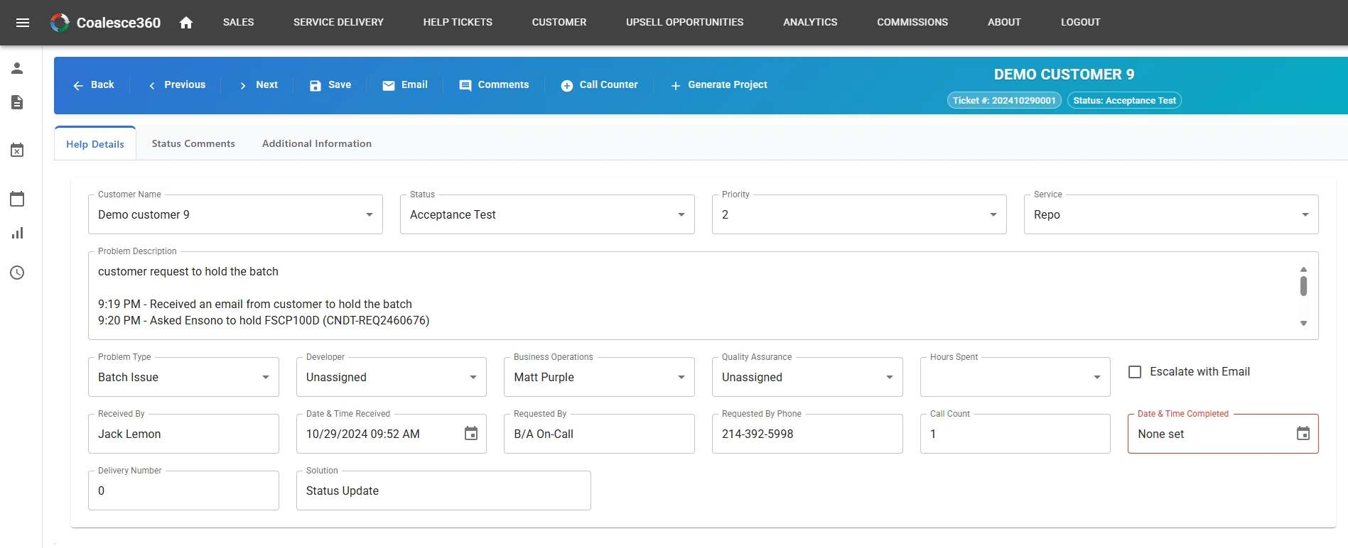 Coalesce360 Help Desk Ticket Details Screen