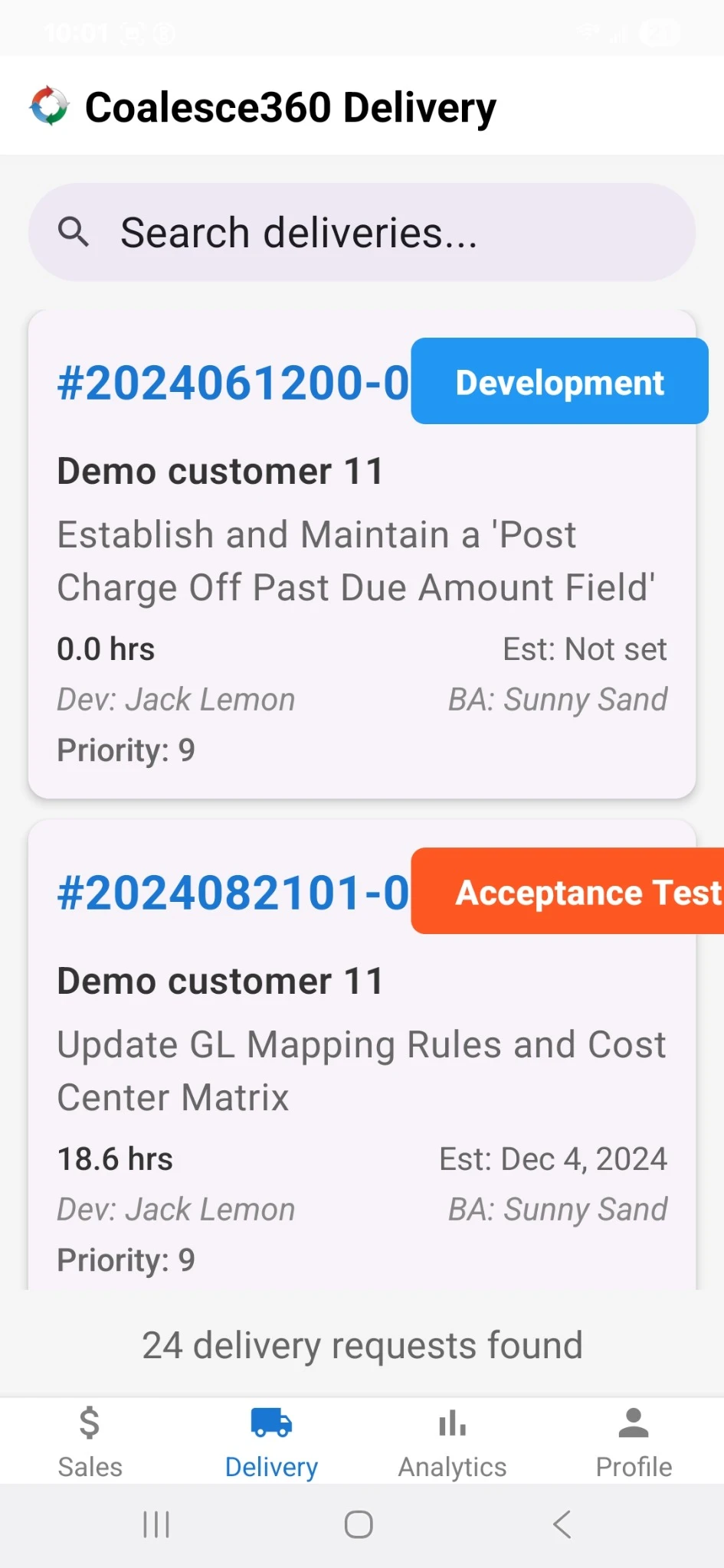 Coalesce360 Mobile Delivery Dashboard