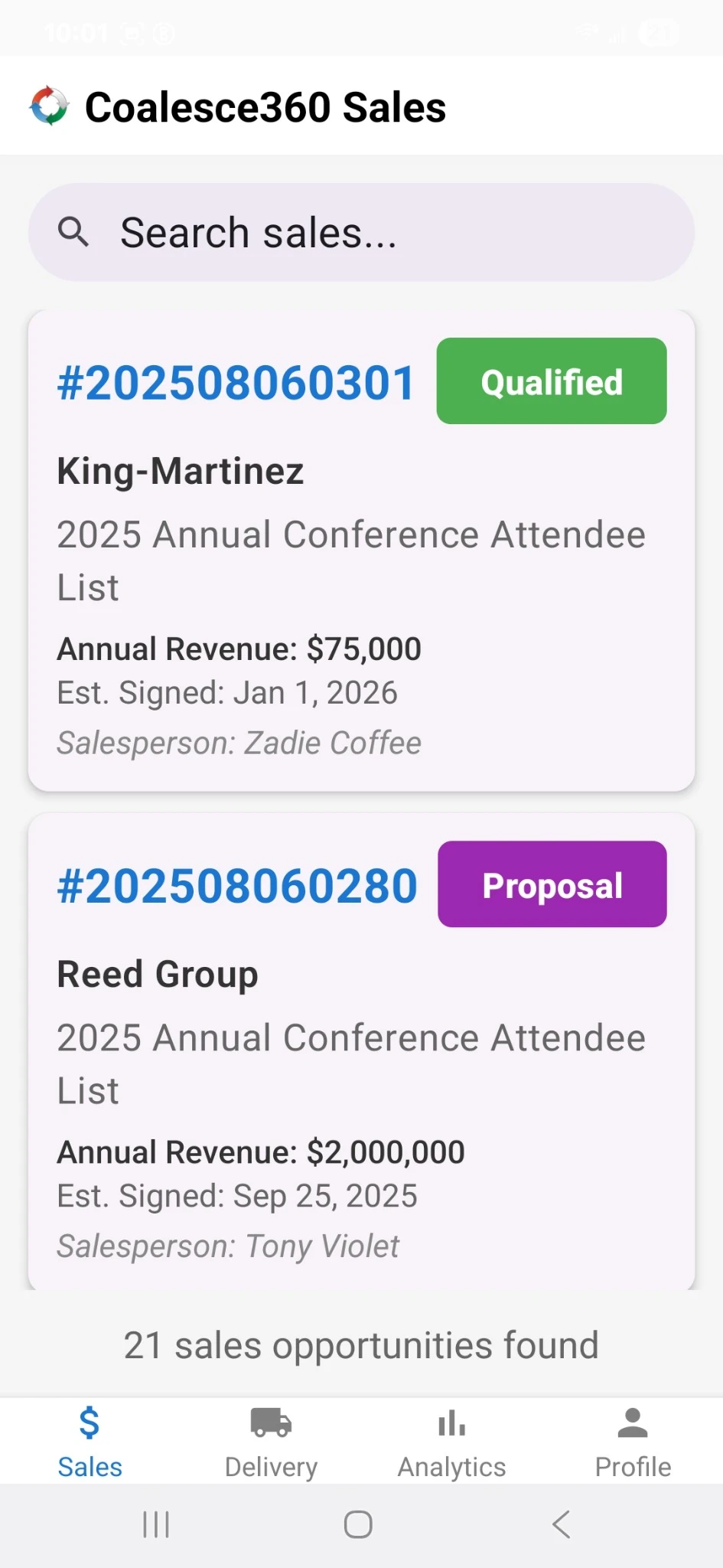 Coalesce360 Mobile Sales Dashboard